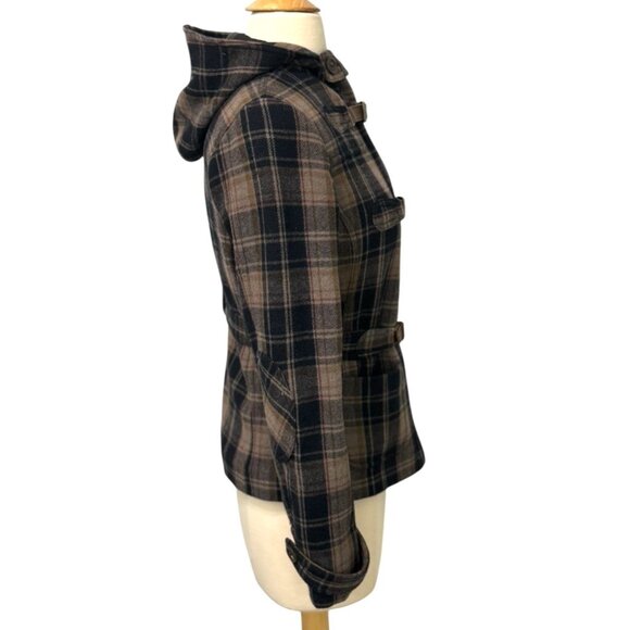Vintage Juicy Couture Navy Plaid Wool Cashmere Coat Jacket Belted Hooded Size 2 - Picture 4 of 16